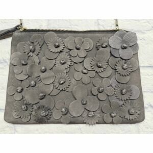 Punto Fibbia Gray Suede Floral Purse Wristlet Silver Chain Raised Flowers